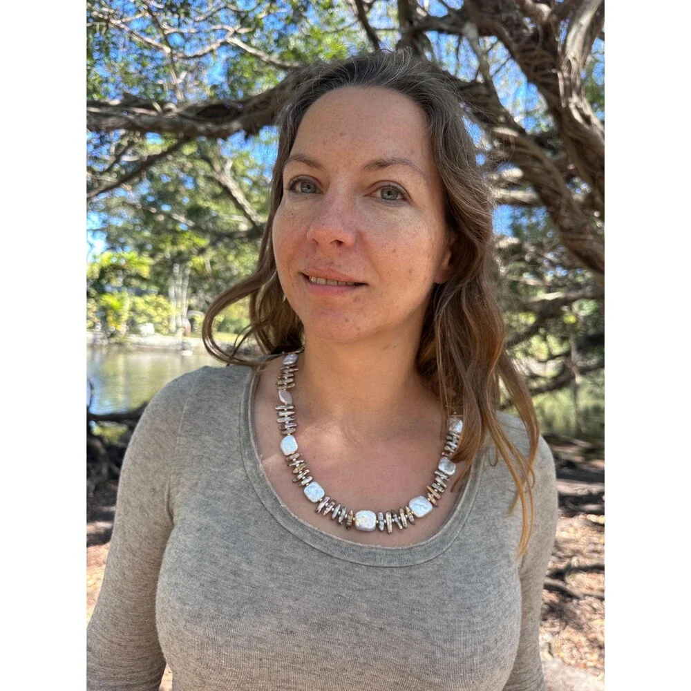 Handmade Freshwater Pearl Necklace: Biwa Stick and Square White Pearls